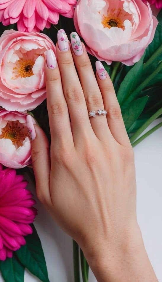 A set of delicate Valentine's watercolor flowers on pink nails