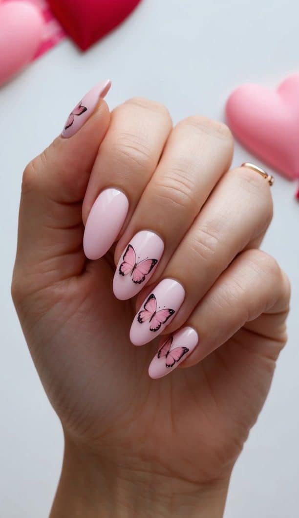 A pale pink butterfly nail art design on a romantic Valentine's Day-themed background