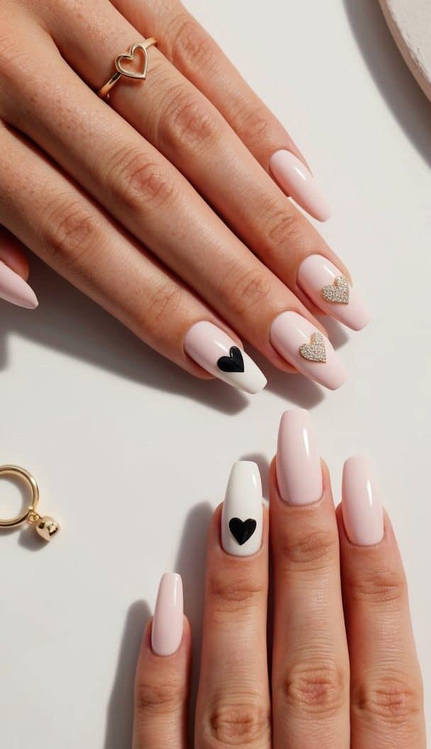 A set of nails with heart accents displayed on a clean, neutral background