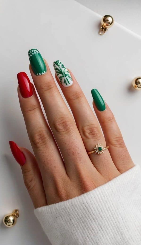 Red and green nails with white and green