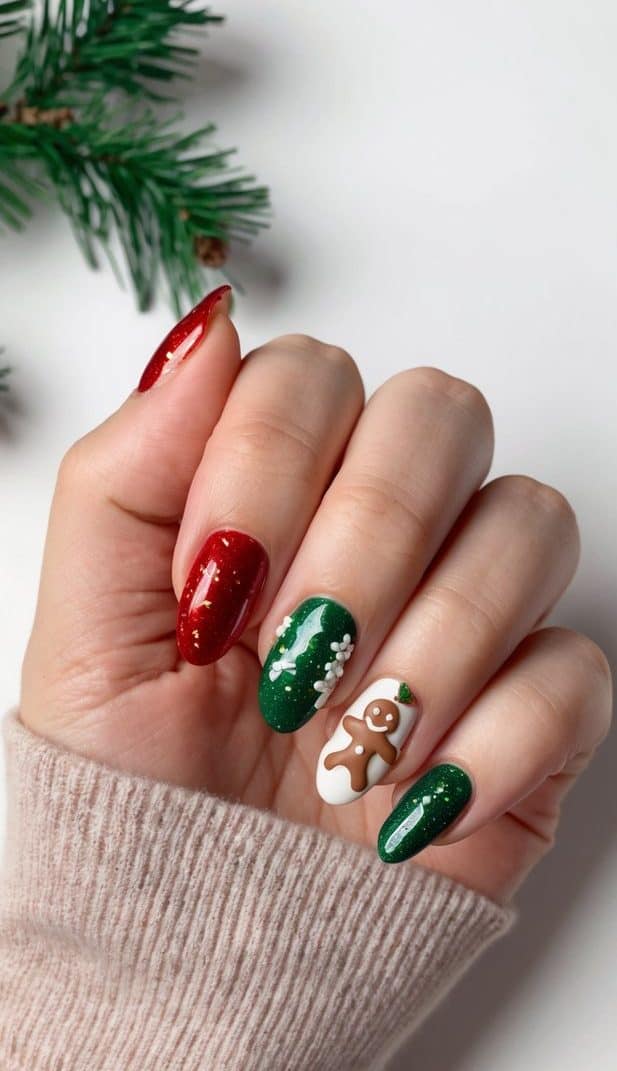A festive nail art design featuring red and green glitter gingerbread accents