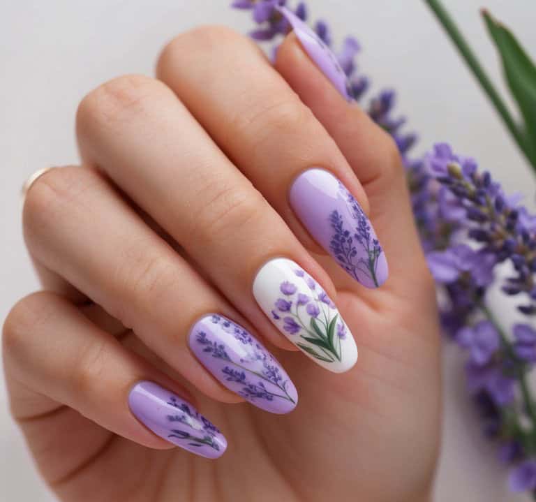 Lavender-themed nail art designs, showcasing dreamy floral patterns and intricate pastel details