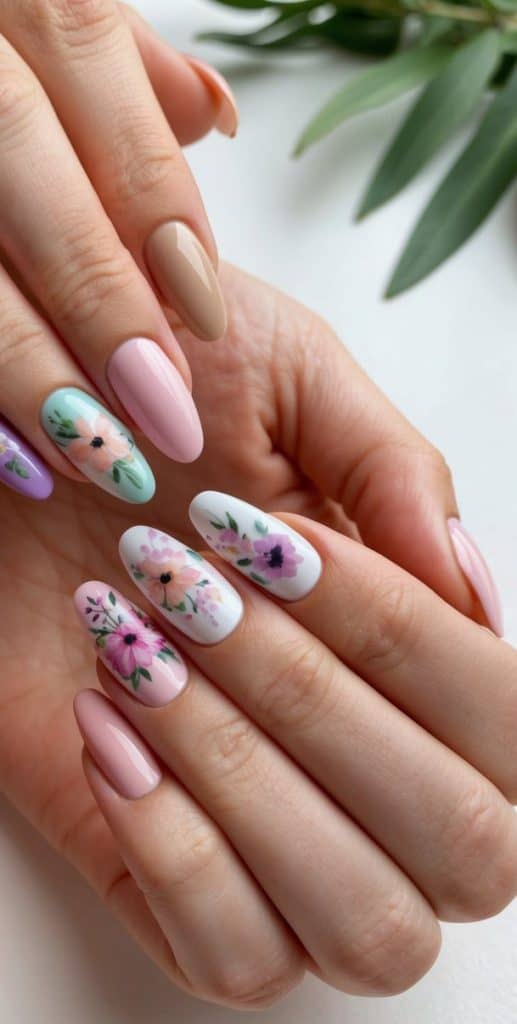A colorful array of delicate floral nail art designs in various shades, perfect for Mother's Day