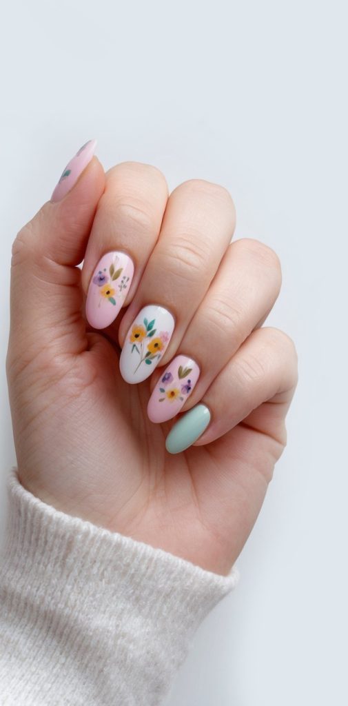 A delicate hand with pastel-colored nails, adorned with floral designs
