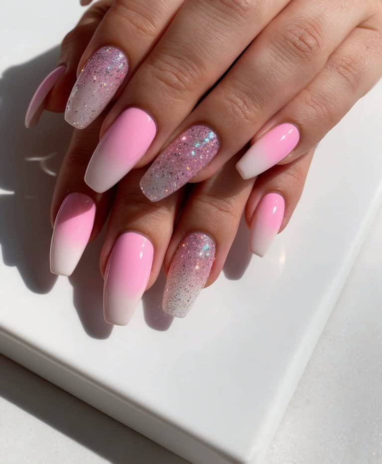 A set of pink ombre nails with glittery tips, displayed on a clean, white surface