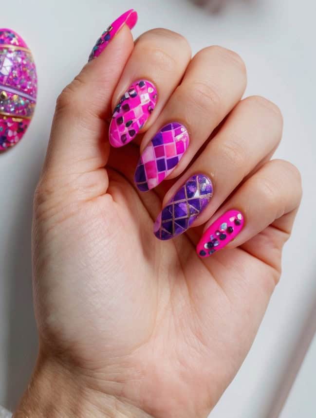 Vibrant pink and purple mosaic nail art designs displayed on a clean, white surface with various patterns and intricate details