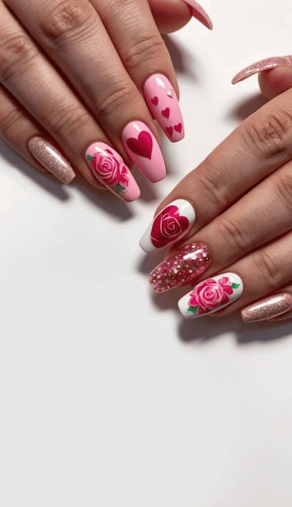Various pink Valentine's nail art designs, including hearts, roses, and glitter, displayed on nails