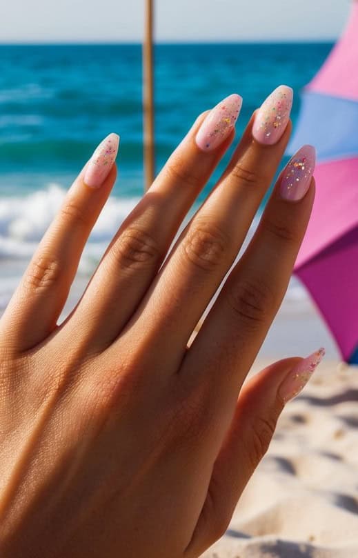 Multicolored glitter adds a touch of magic to a nude summer mani
