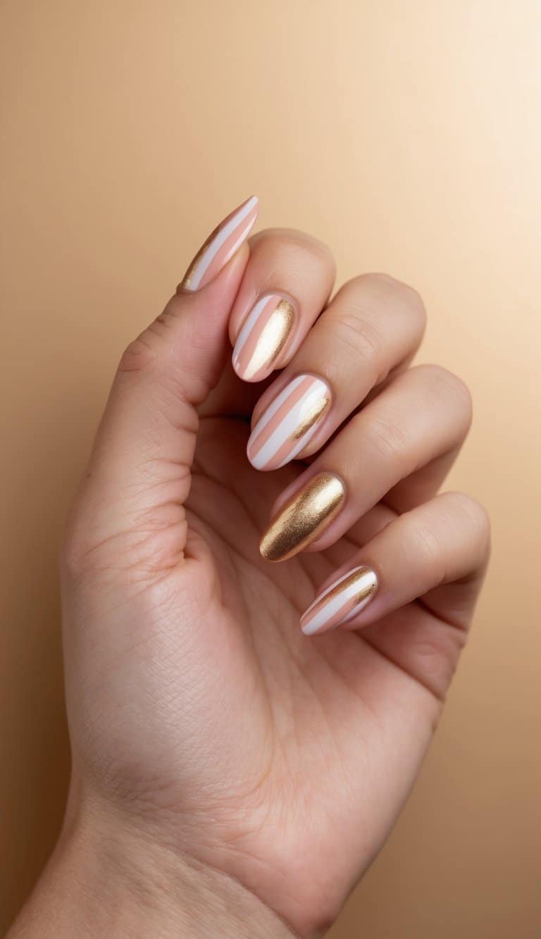 Peachy pink nails featuring delicate stripe designs and elegant champagne gold accents