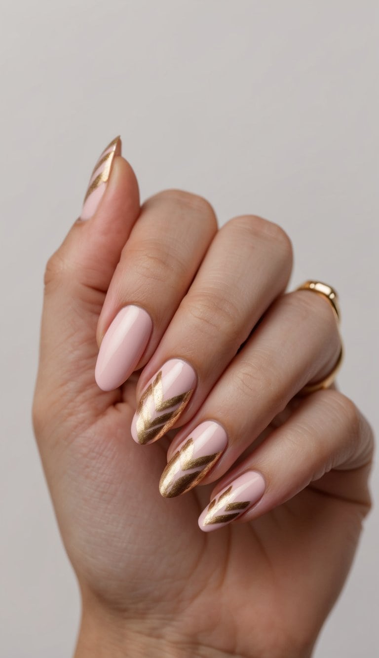 A close-up of pink and gold chevron nail art on a neutral background