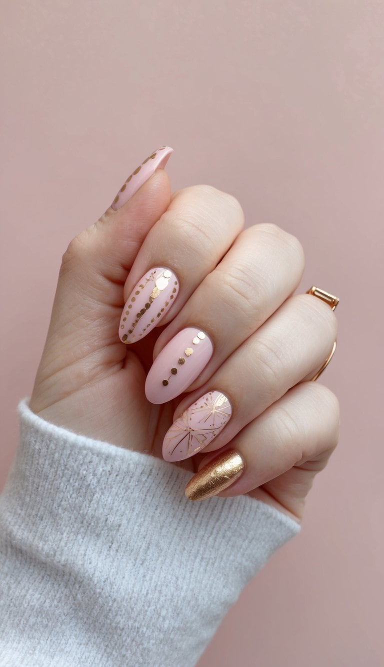 Pink and gold nail art designs with delicate dots and intricate patterns, set against a blush pink background