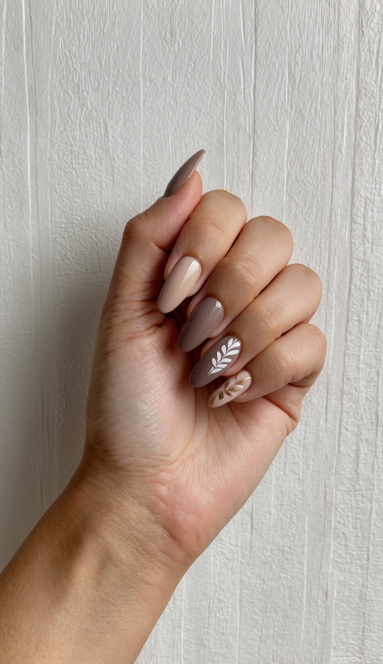 Neutral-toned taupe nails featuring soft white botanical leaf art and gold detailing for a calm, nature-inspired look.