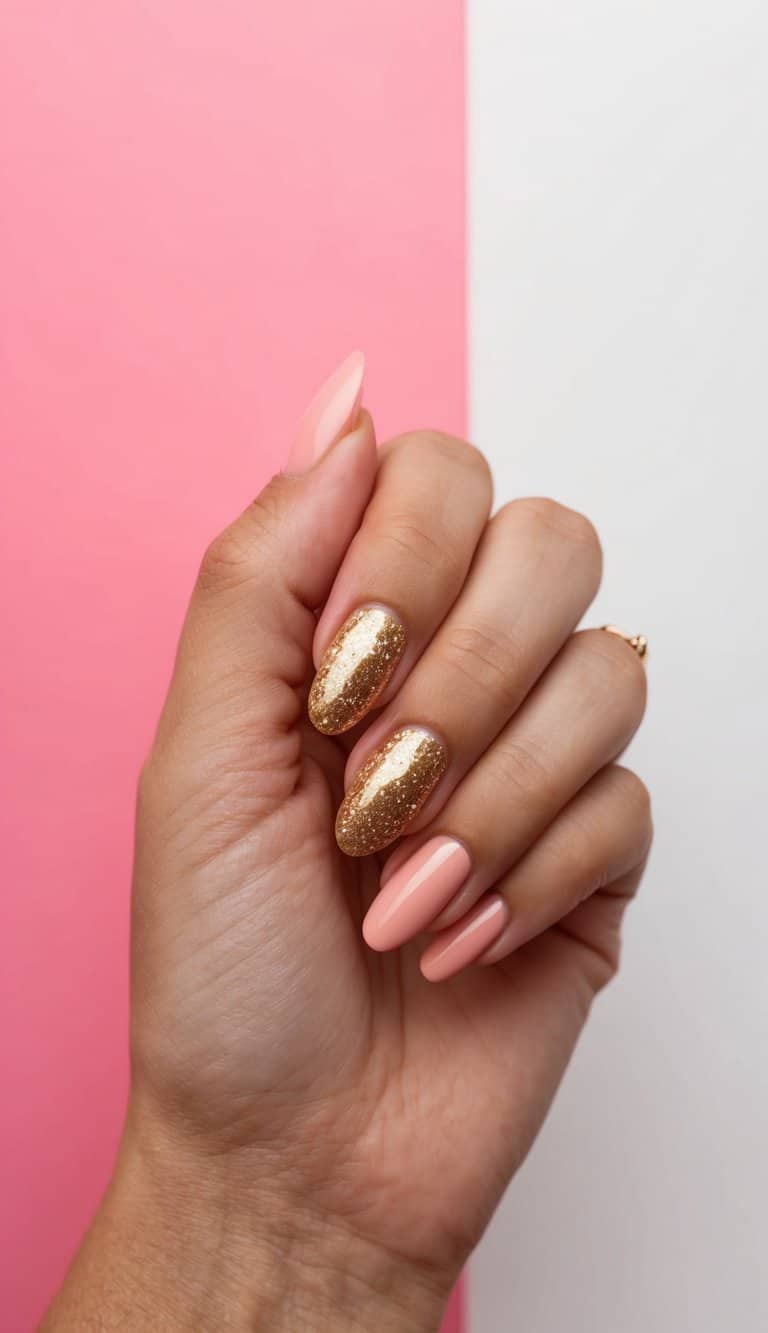 A dreamy salmon pink set paired with shimmering gold glitter accent nails