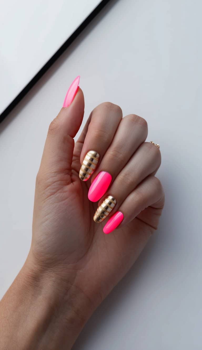 A neon pink nail with gold stripe accent nails on a sleek, modern background