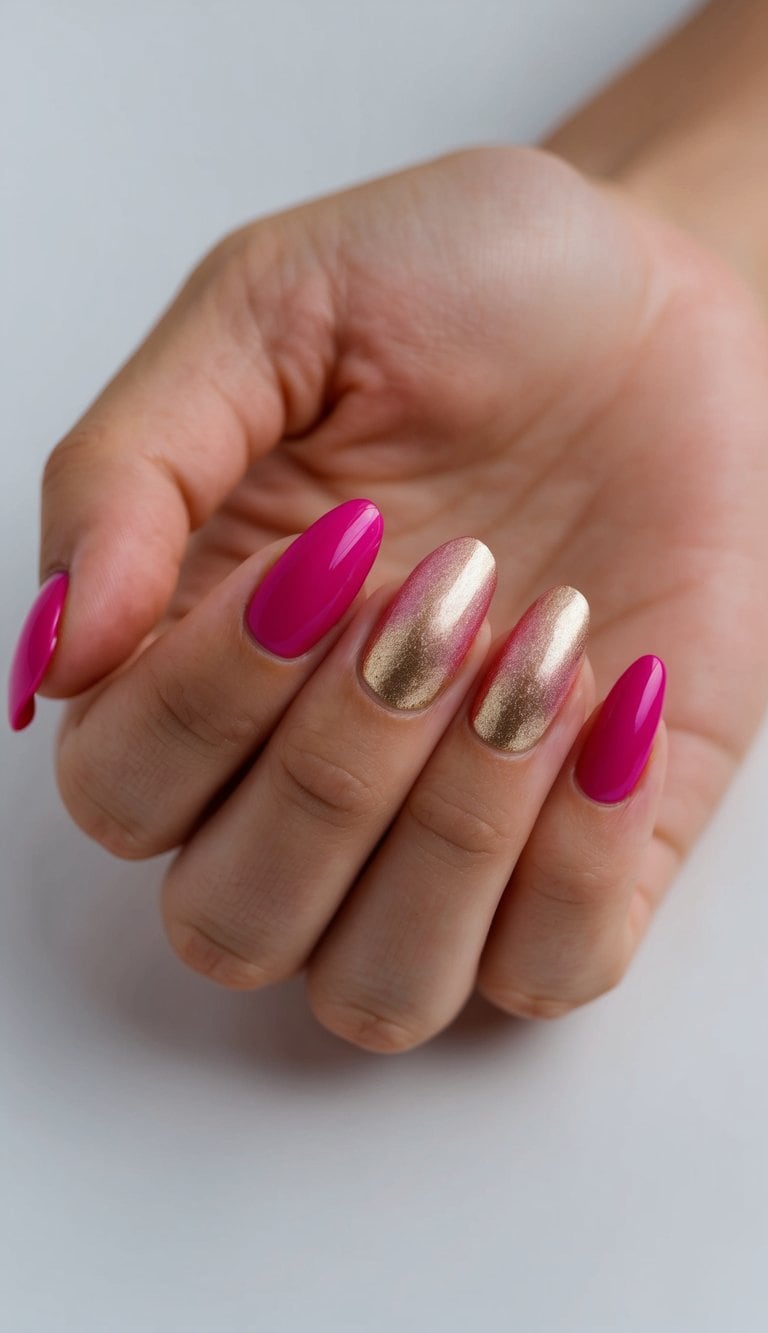 A close-up of fuchsia and gold gradient nail art on a sleek, minimalist background