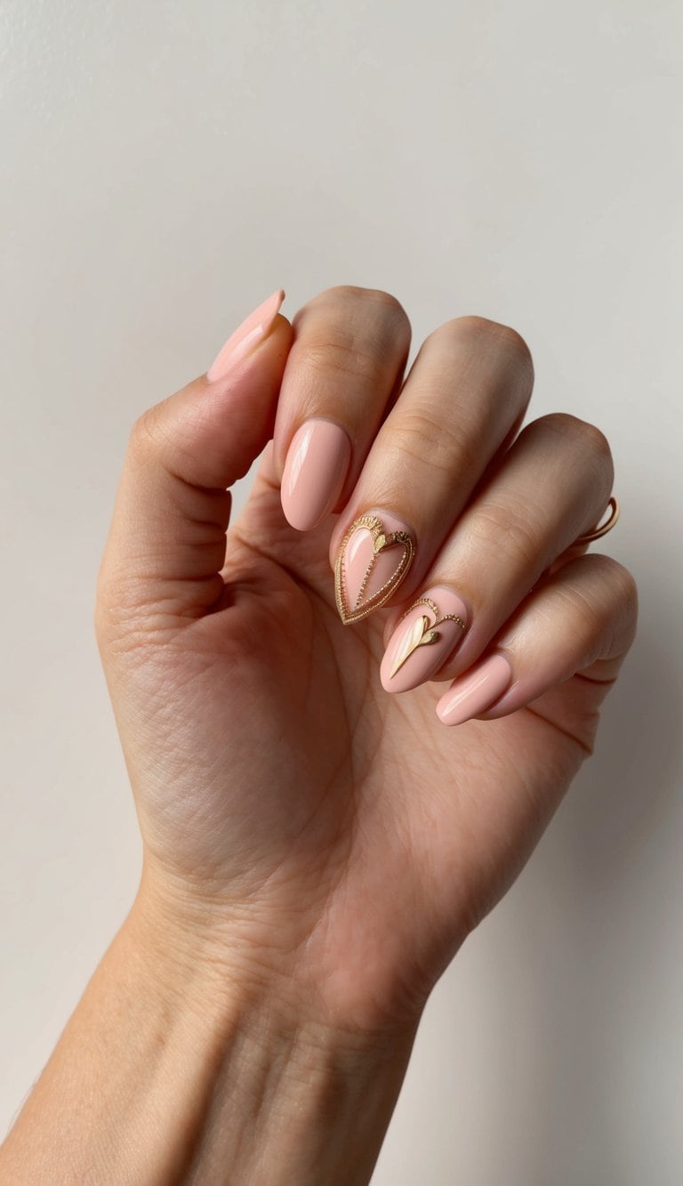 A peachy pink and gold heart nail art design with delicate and intricate details