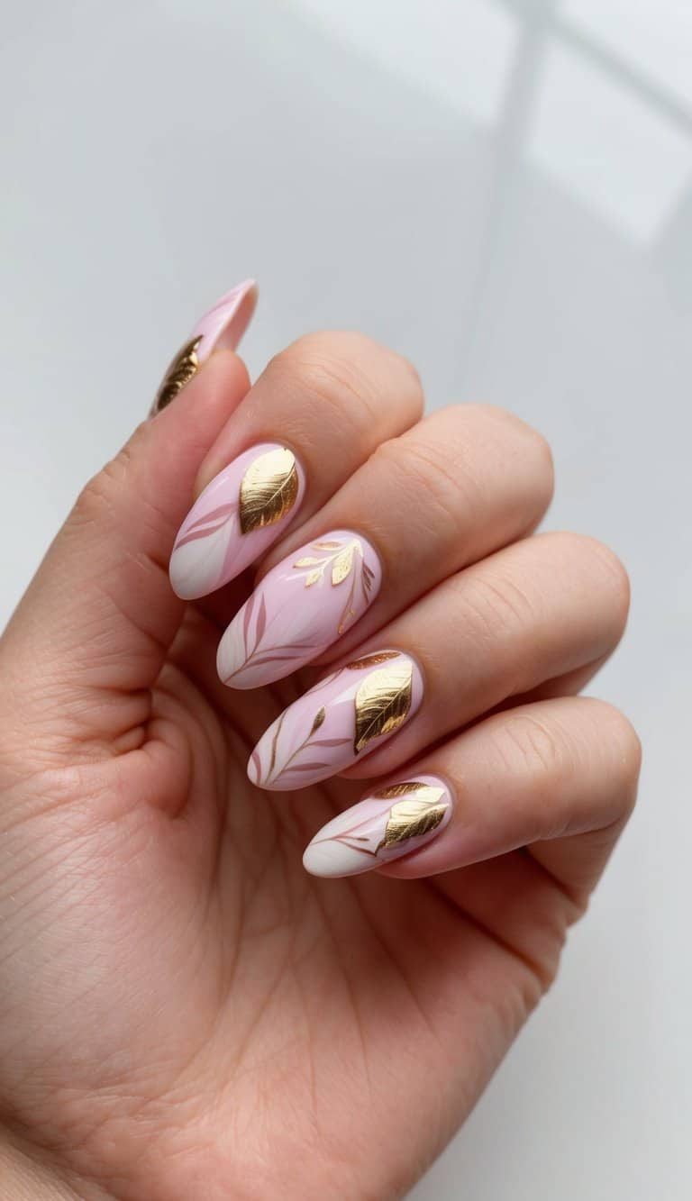Manicure with orchid pink nails adorned with delicate gold and dusty rose leaf designs