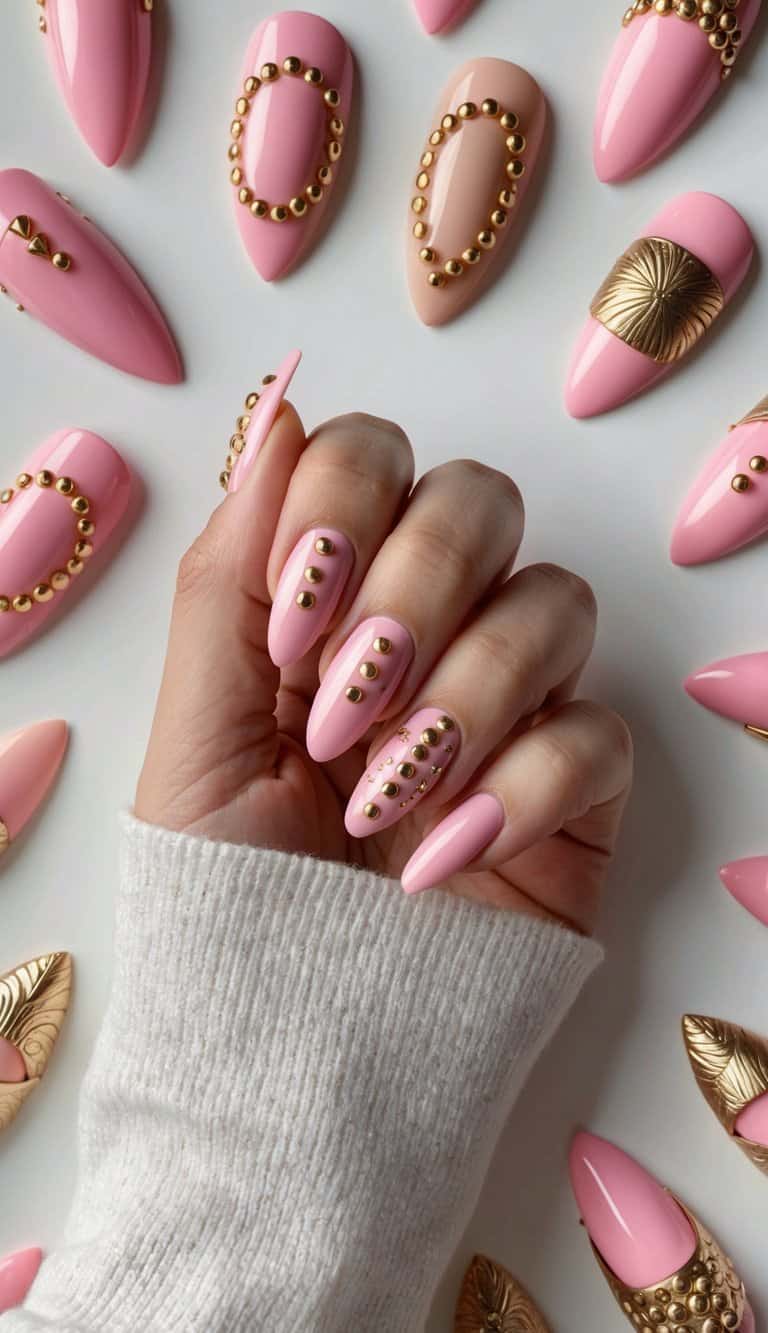 A ballet pink nail adorned with gold studs, surrounded by 49 other pink and gold nail art designs