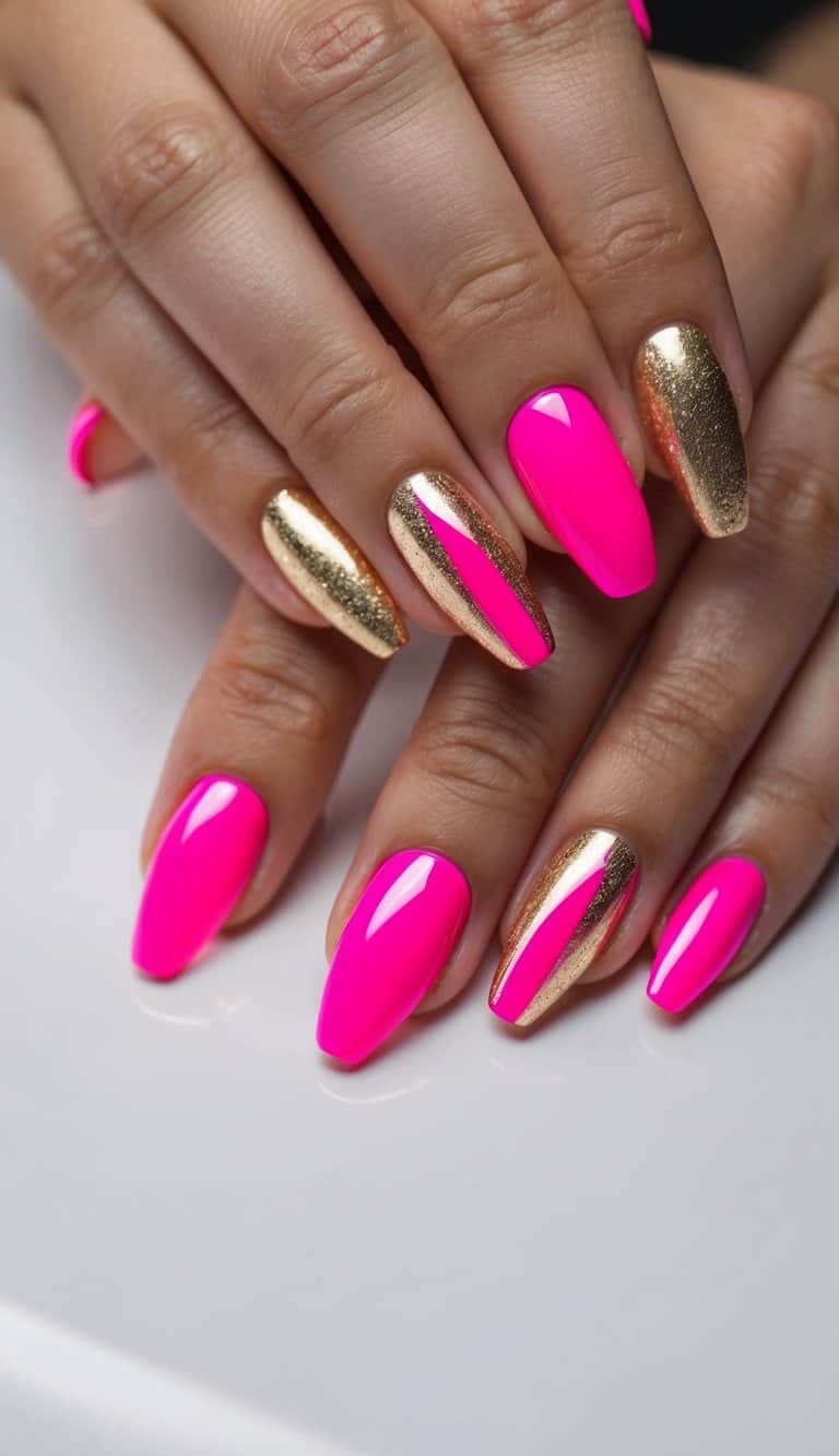 A bold statement with electric pink nails enhanced by striking gold accents