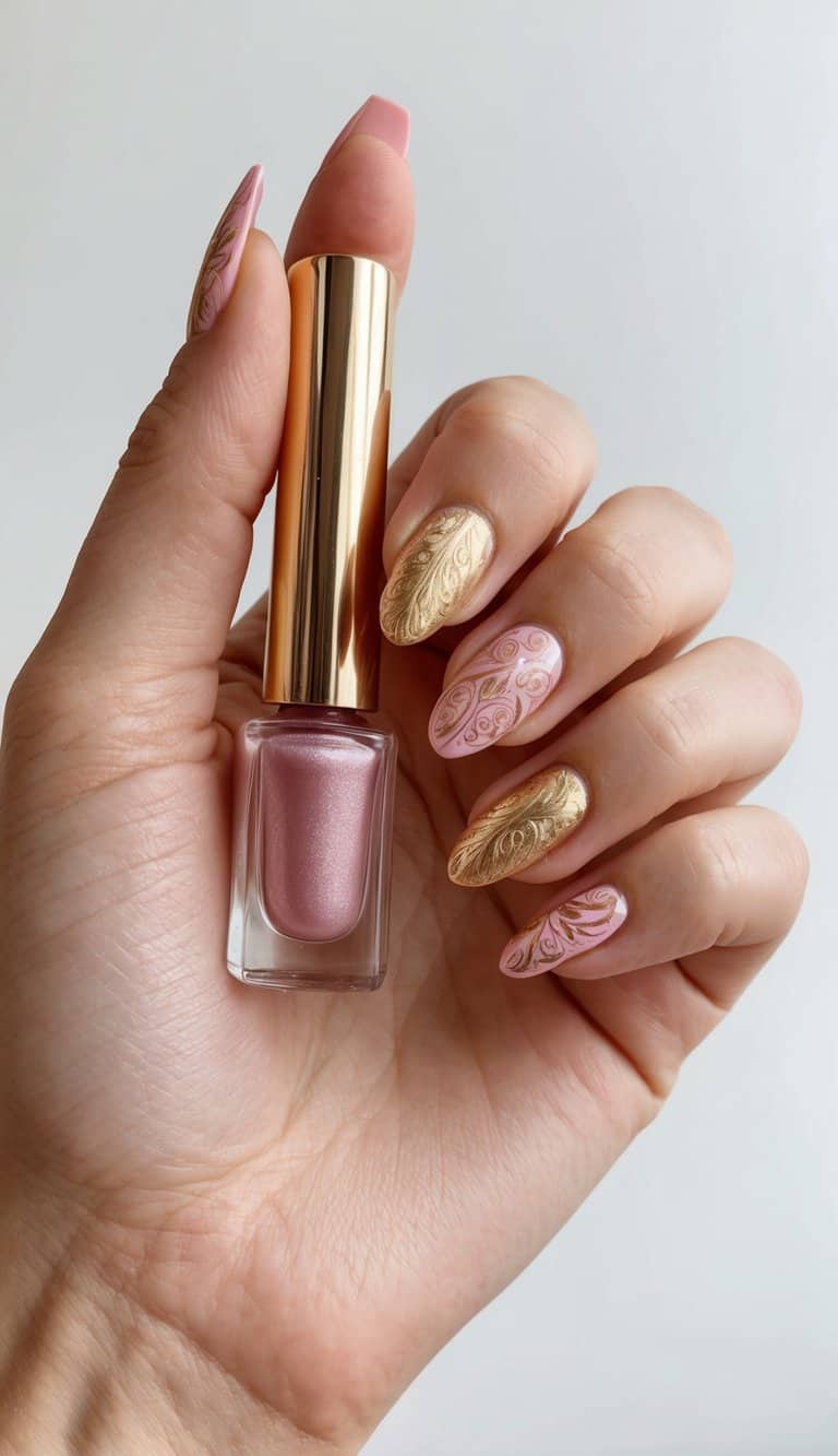 Carnation pink nails with intricate gold filigree designs for a touch of luxury