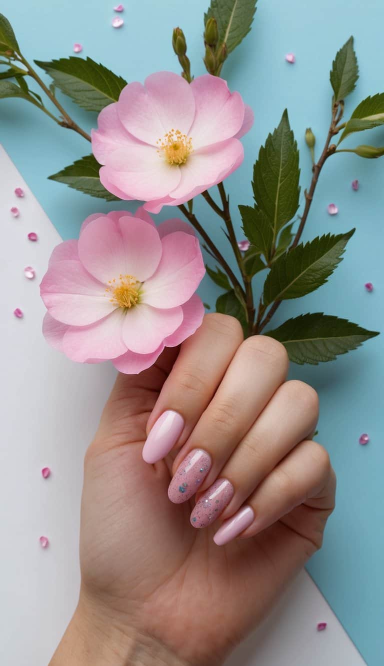 Fresh pink flowers blooming against a pastel blue background, with delicate green leaves and a scattering of glittering pink petals