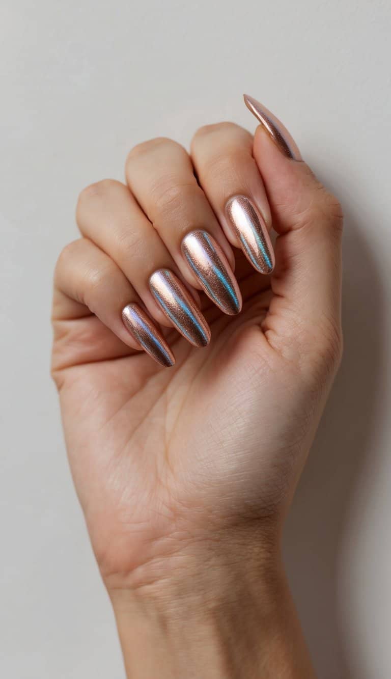 A holographic rose gold nail art design with metallic accents on a clean, neutral background