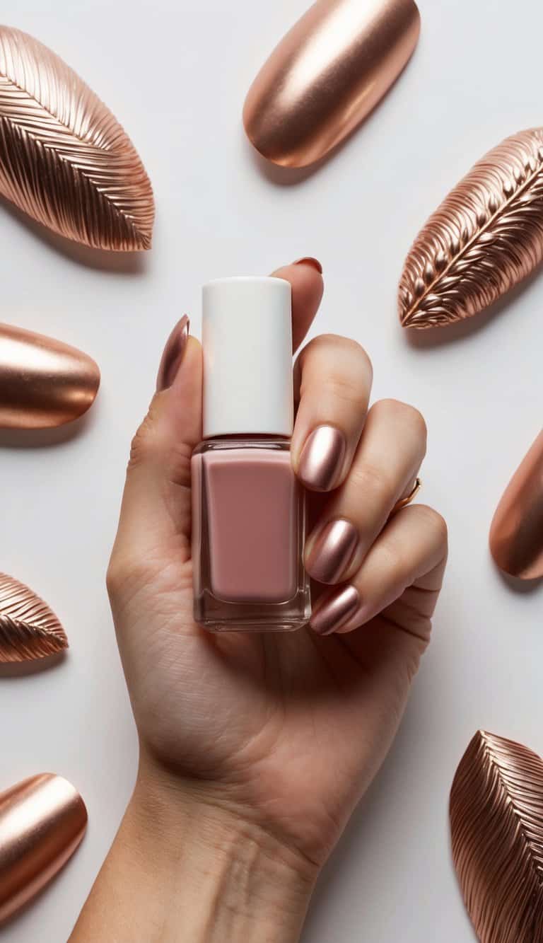 A hand holding a bottle of matte rose gold nail polish, surrounded by various elegant rose gold nail art designs and metallic accents
