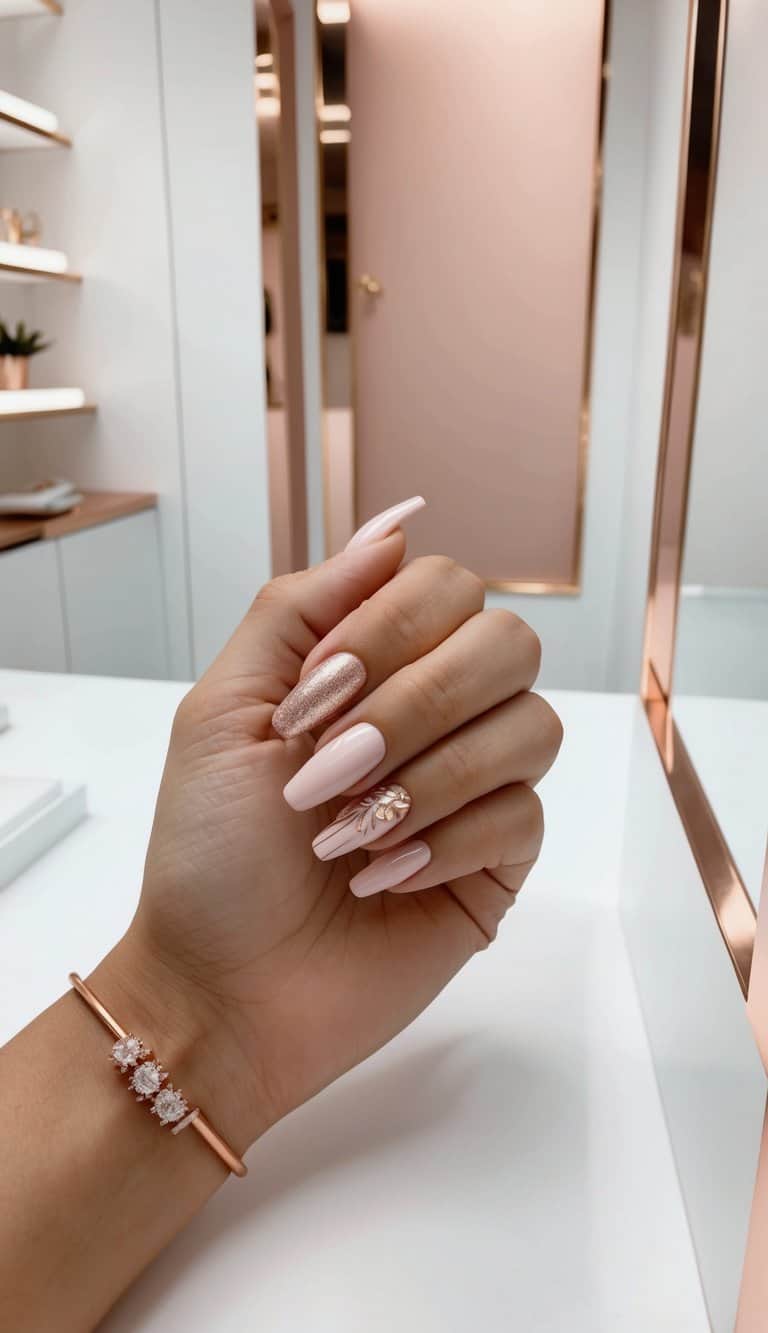 A sleek, minimalist nail salon with rose gold accents and a display of elegant nail art designs