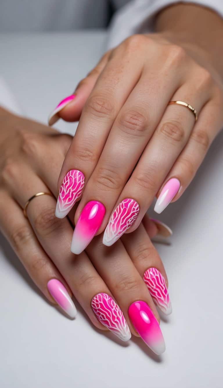A vibrant coral reef with pink gradient colors, showcasing fresh and vibrant spring nail art design