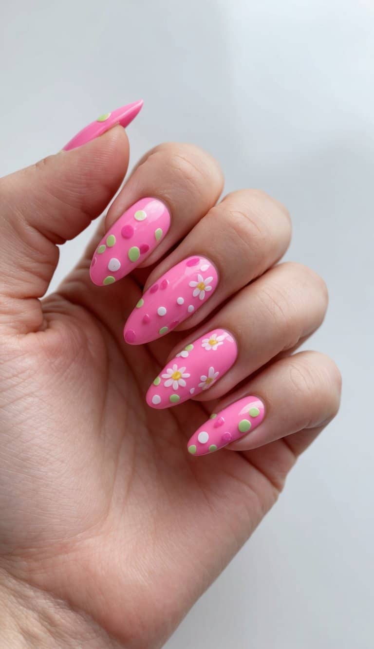 A close-up of vibrant pink nail art designs with rosy dots and spring-themed elements