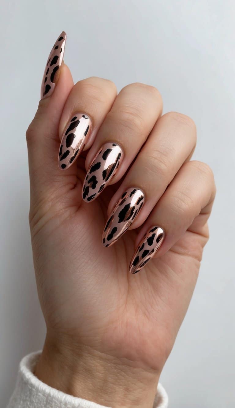 A sleek, rose gold animal print nail design gleams under soft lighting