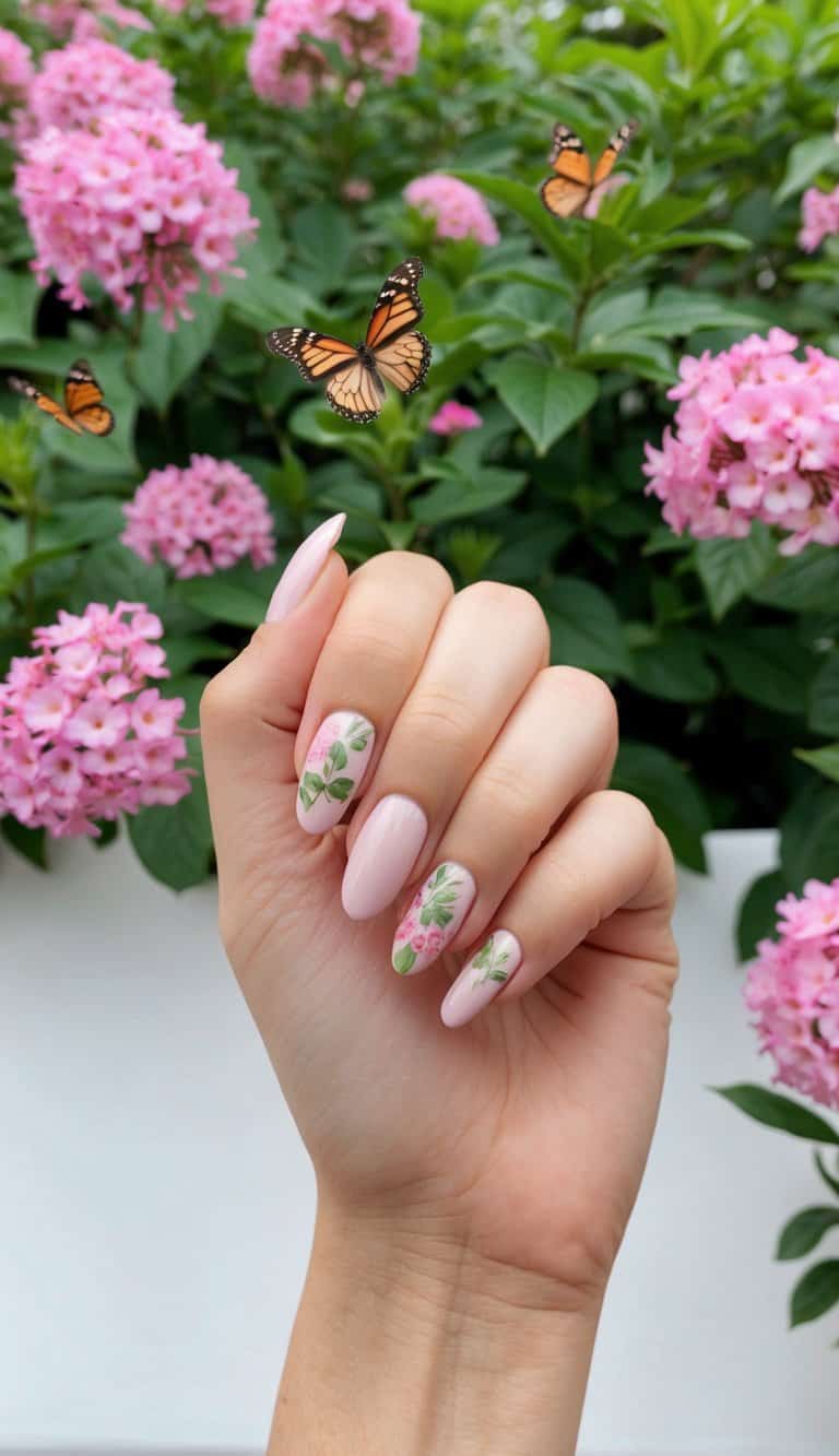 A lush garden with blooming pink flowers and butterflies fluttering around, capturing the essence of spring