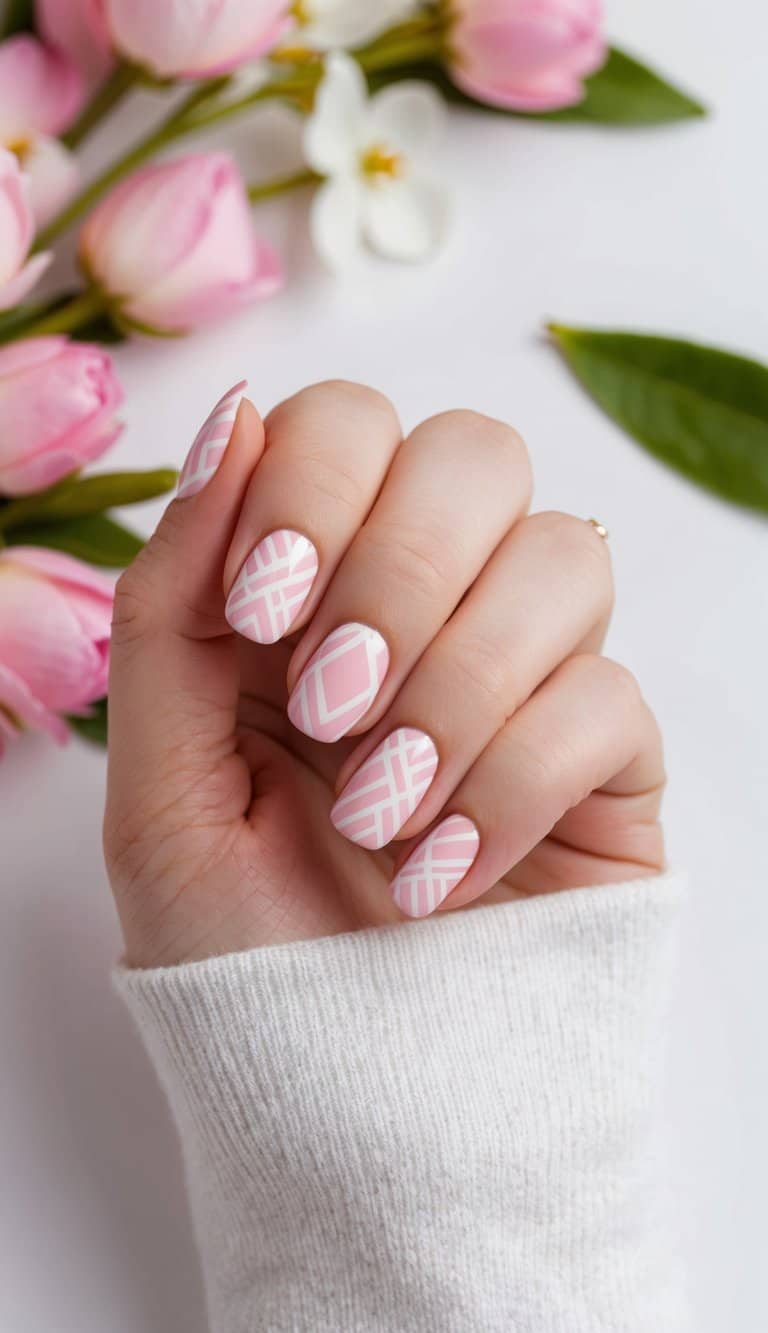 Fresh pink and white geometric nail art on a spring-themed background