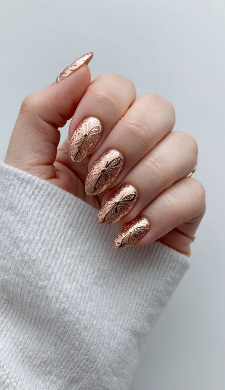 A close-up of rose gold filigree nail art with metallic accents