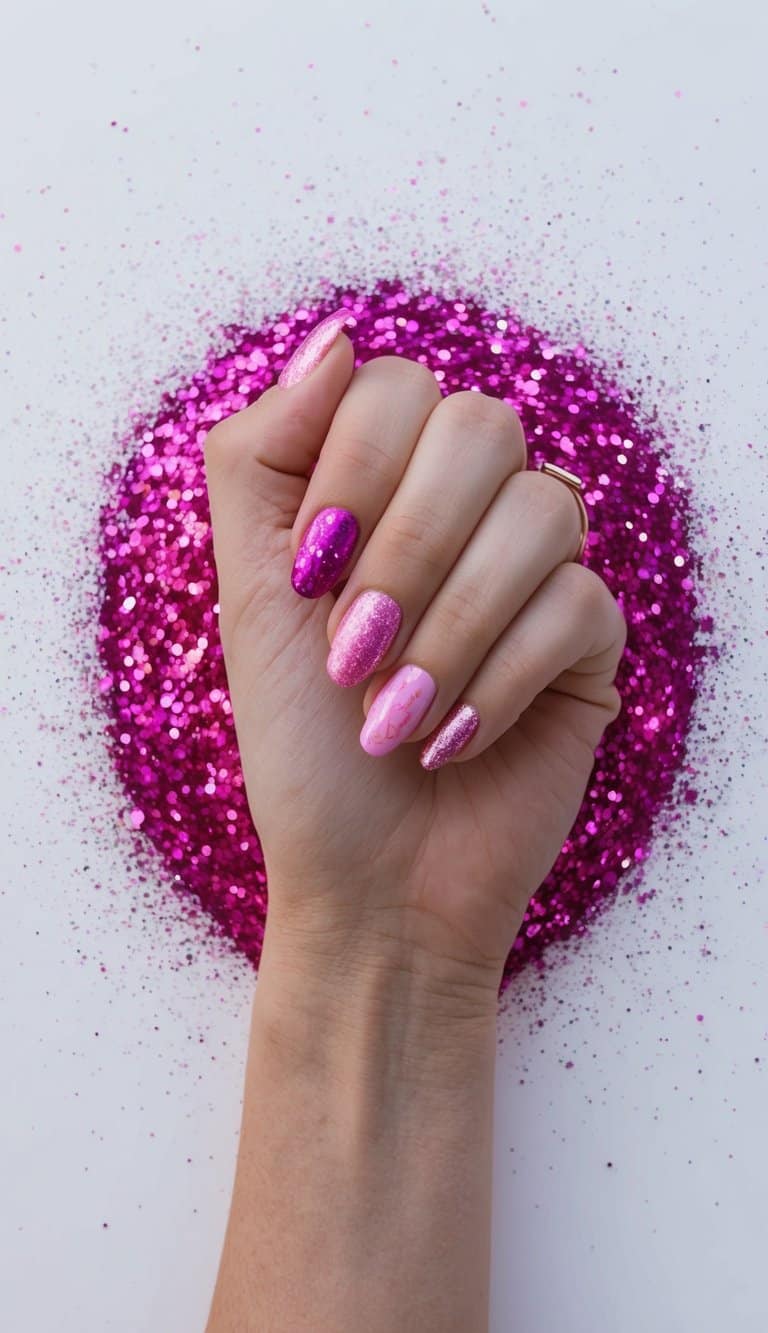 Pink glitter exploding from a vibrant spring nail art palette