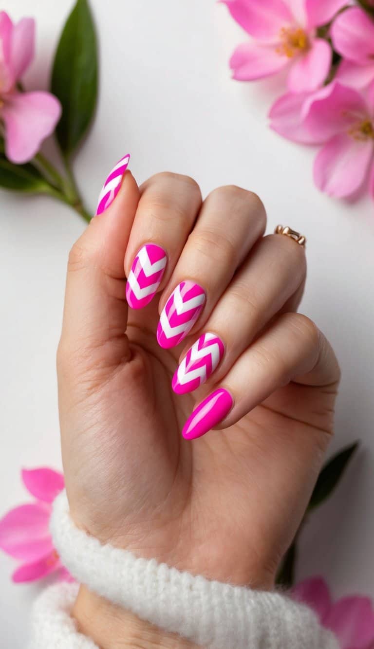 Vibrant pink chevron nail designs on a chic spring-themed background