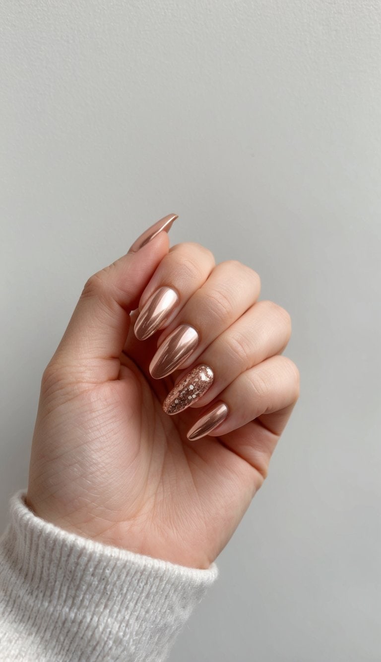 A close-up of elegant rose gold nail art designs on a clean, neutral background, with metallic accents catching the light