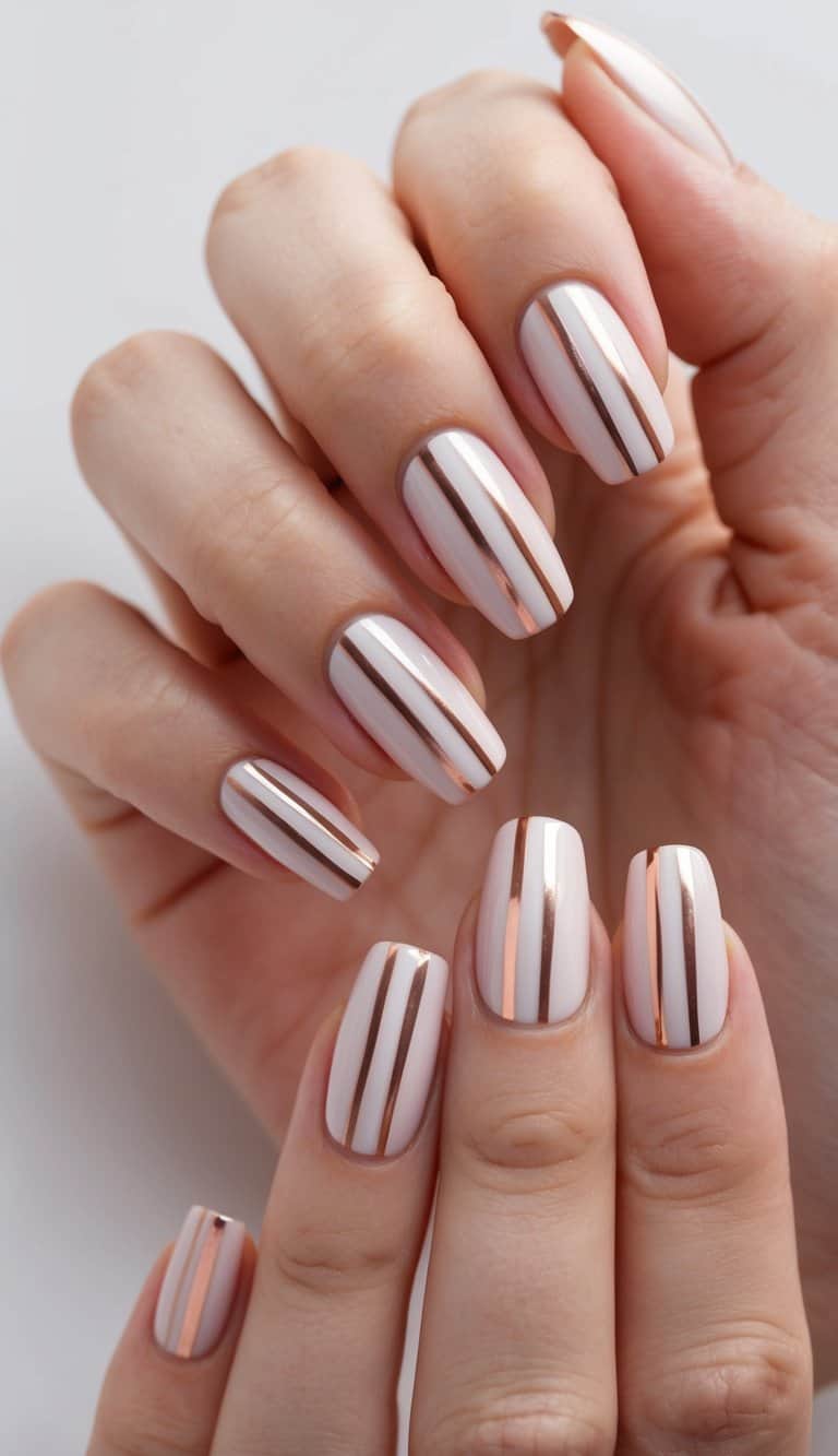 Elegant rose gold lines intertwine on a futuristic nail art canvas
