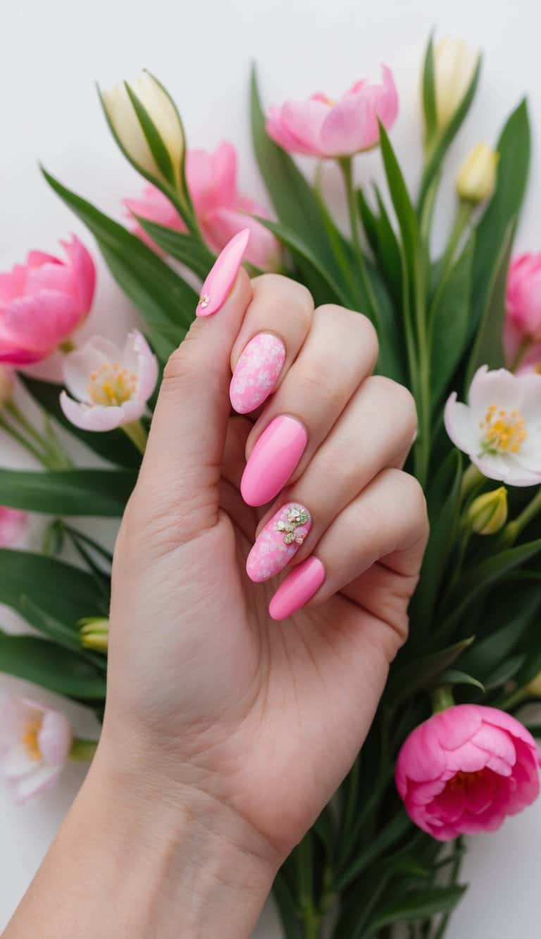 A burst of bubblegum pink nail designs surrounded by blooming spring flowers and lush greenery