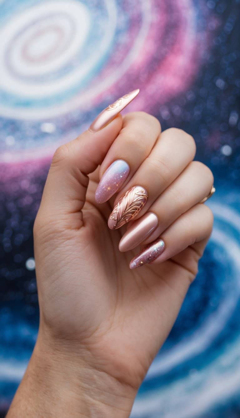 A celestial backdrop with swirling galaxies, showcasing intricate rose gold nail art designs