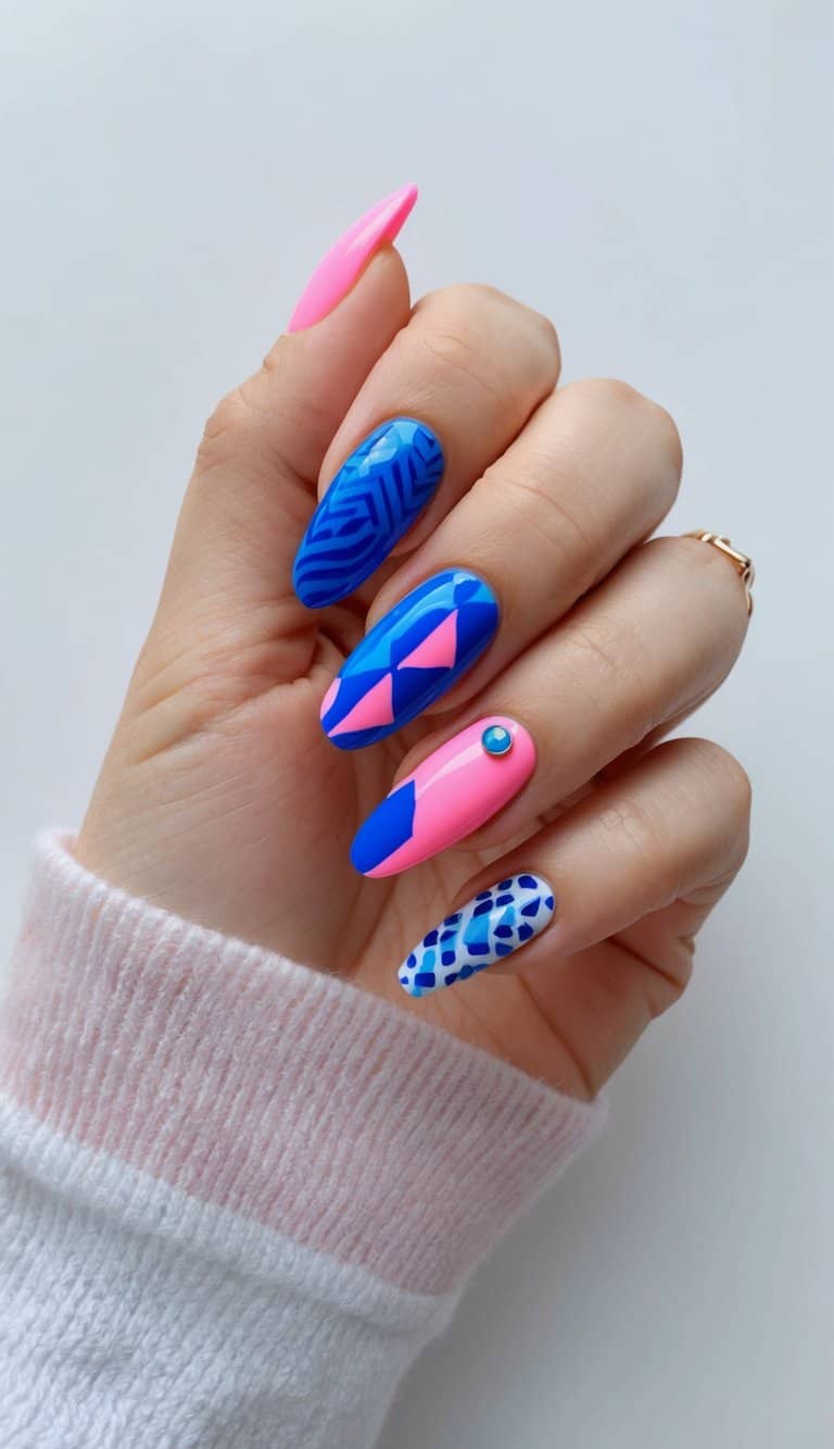 Vibrant blue and pink nail art designs displayed on a clean, white background with various patterns and styles