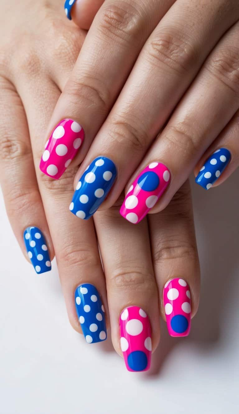 A retro-inspired parade of polka dot nail art in vibrant blue and pink designs