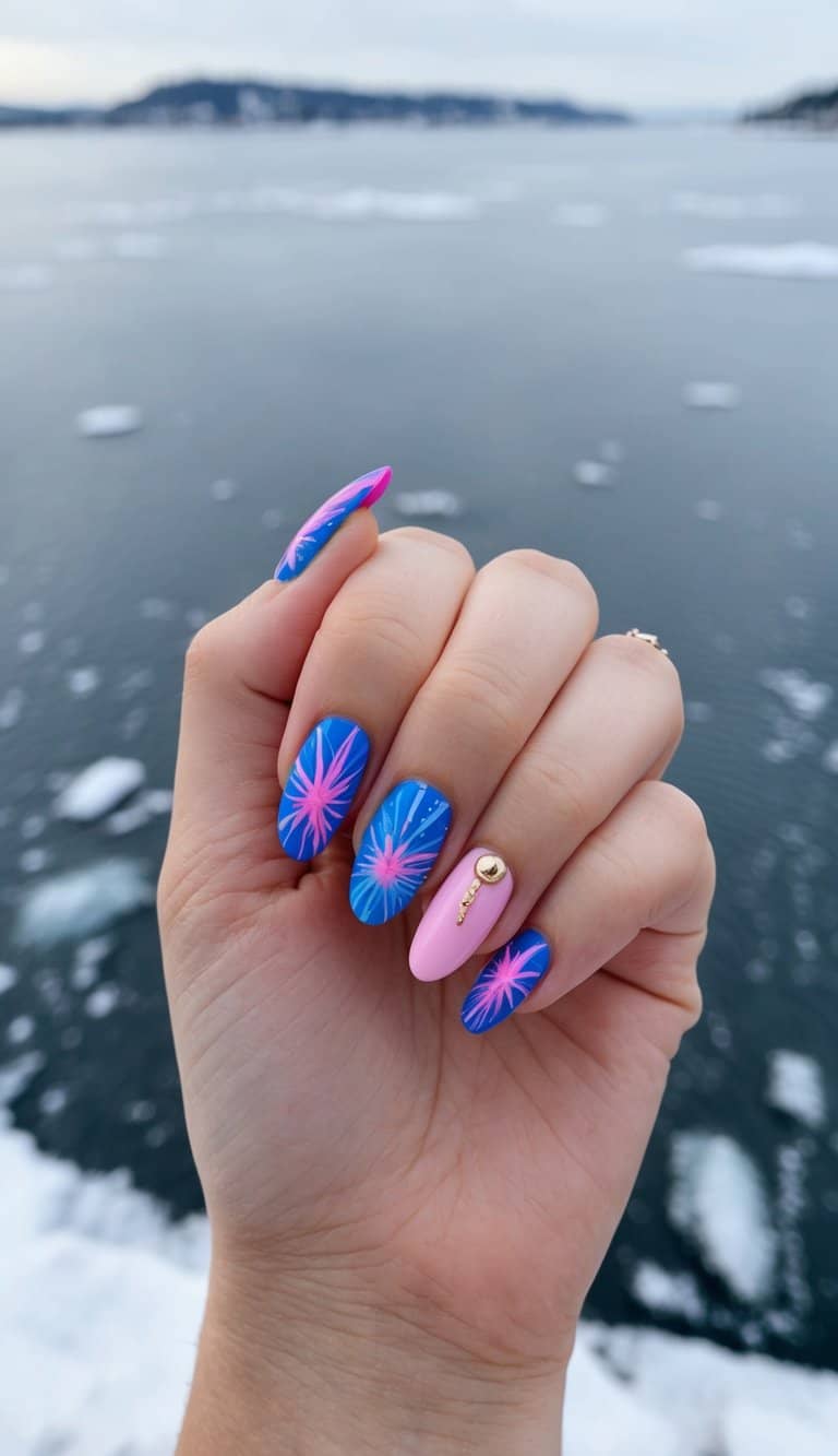A frozen lake with vibrant blue and pink nail art designs scattered across the icy surface
