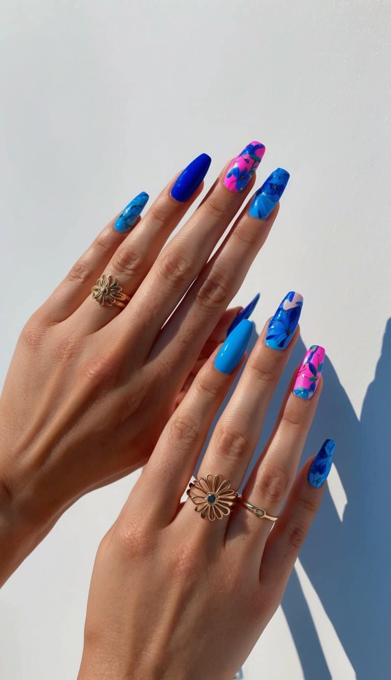 Vibrant blue and pink nail art designs showcased on a clean, white background with various floral and abstract patterns