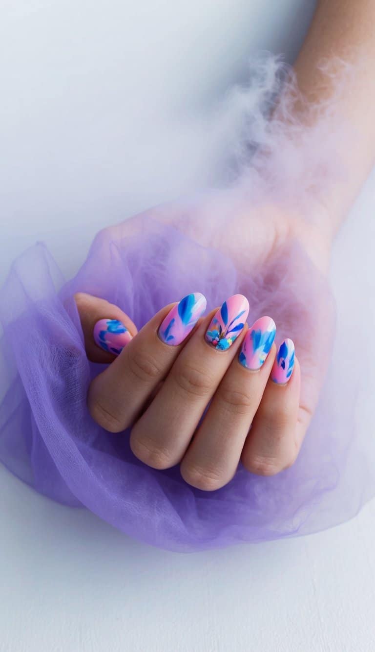 Soft to bright blue with soft pink in abstract designs for a dreamy, artistic manicure