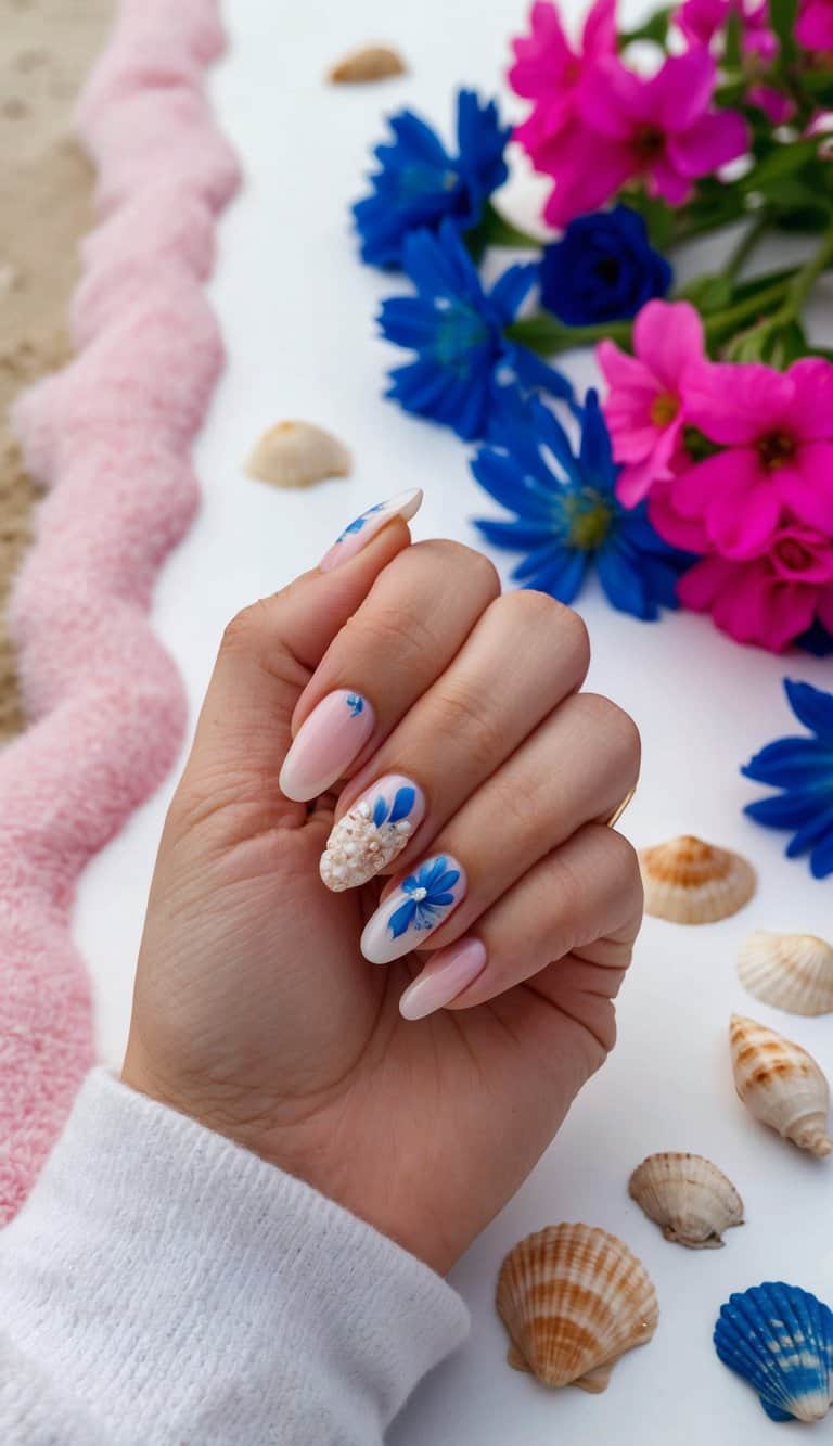 Soft pink nails adorned with bright blue flower accents for a fresh, floral touch. Pearls and rhinestones on an accent nail.
