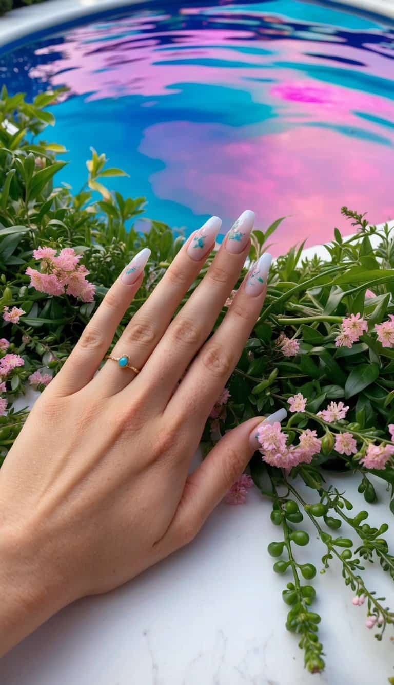 Pale pink opalescent nails with blue flecks shimmer like a magical lagoon