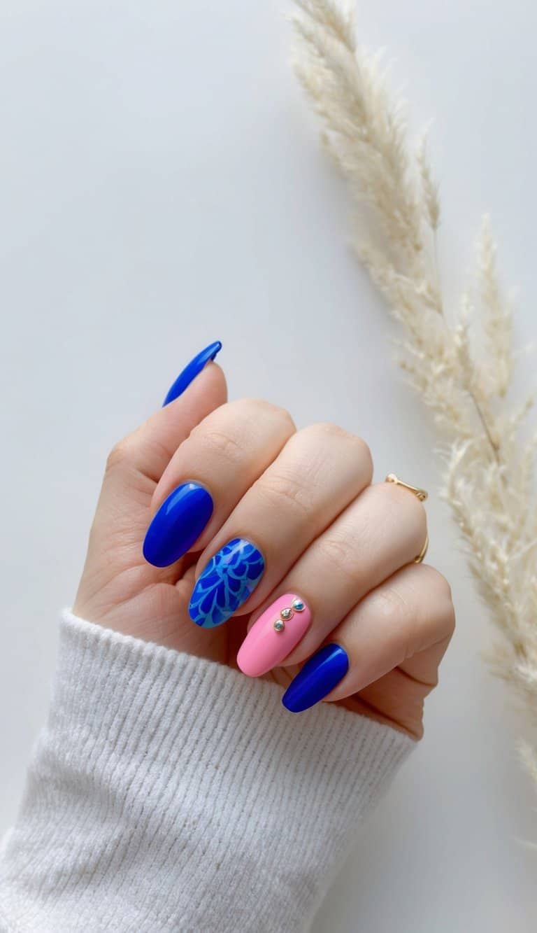 Vibrant blue and pink nail art designs displayed on a clean, white background with a soft, enchanted breeze gently moving through the scene
