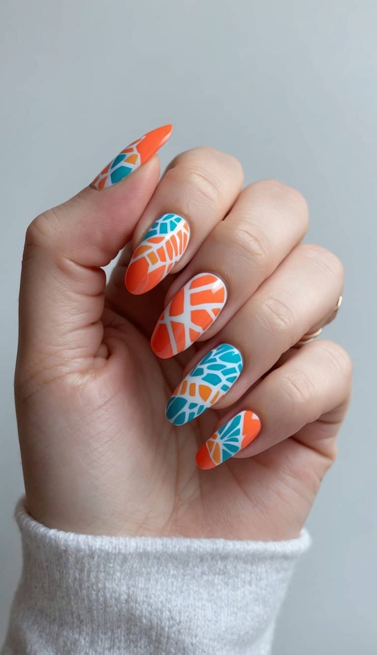 Vibrant coral nail art designs featuring geometric patterns inspired by tropical coral reefs