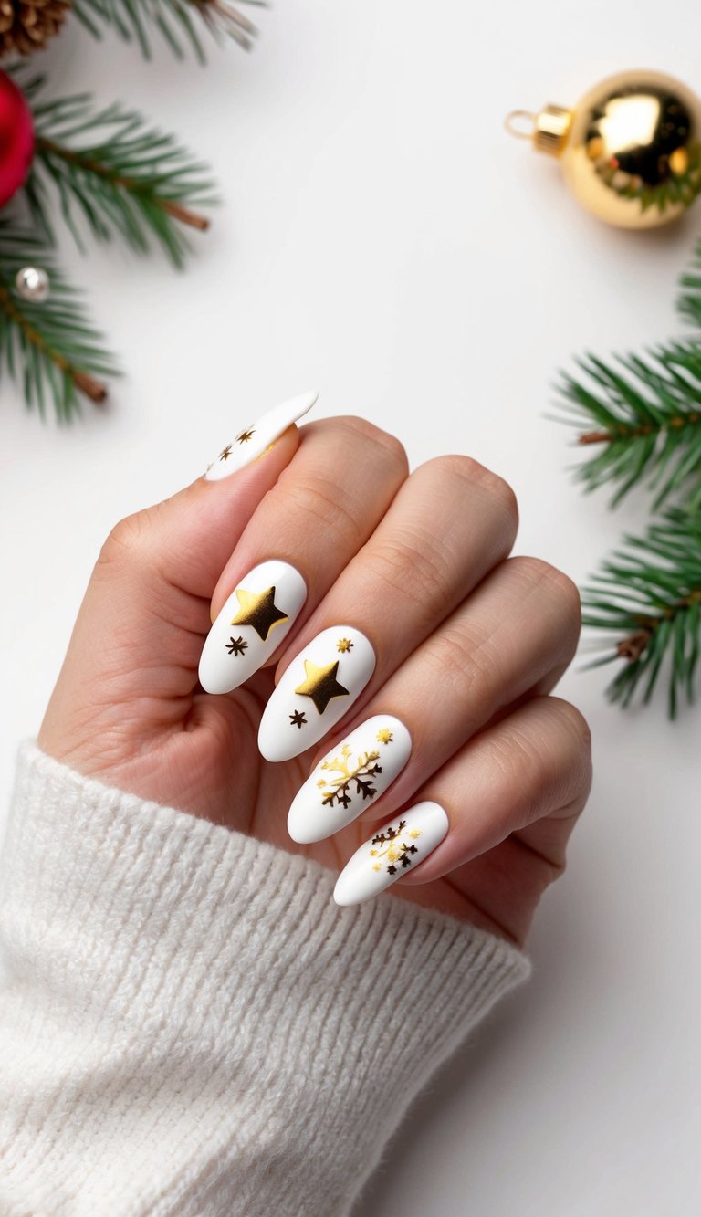 Matte white nails with gold stars and snowflake designs for a fun and festive holiday manicure.
